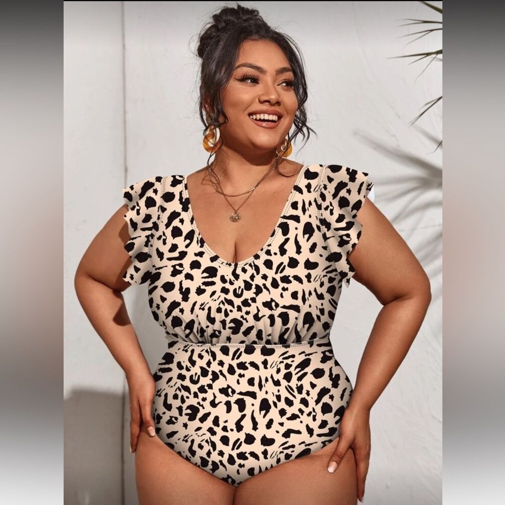 Leopard Print Ruffle One-Piece Swimsuit  Neutral Tan & Black Plus Size 16